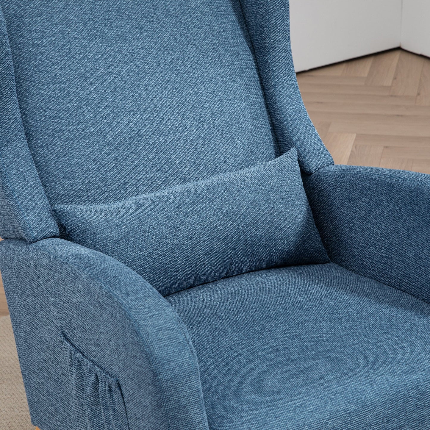 25.4'W Modern Rocking Chair for Nursery, Mid Century Accent Arm Rocker With Retractable Footrest, Side Pocket, Comfy Upholstered Wingback Wooden Glider Chair for Living Room Baby Kids Room. Blue