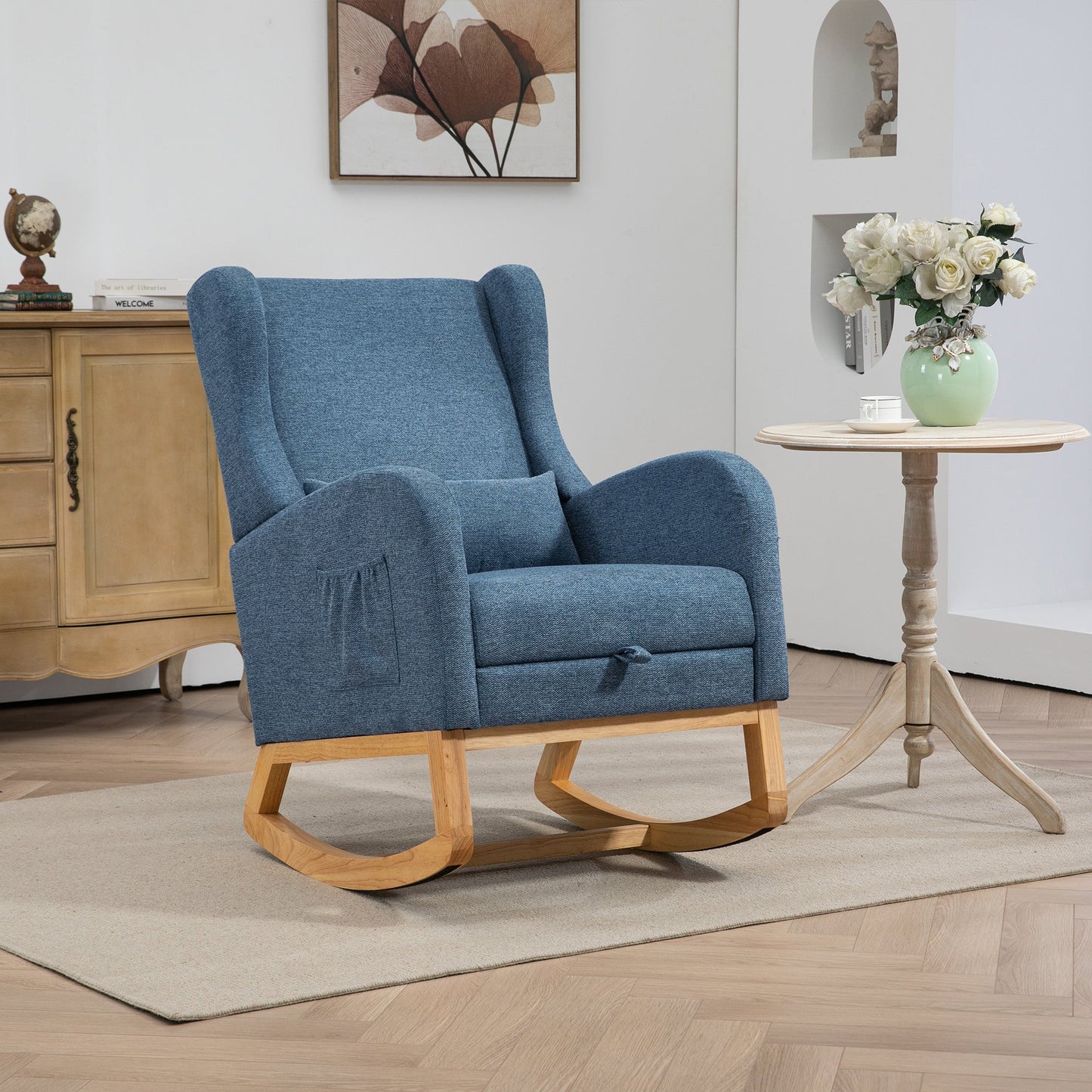 25.4'W Modern Rocking Chair for Nursery, Mid Century Accent Arm Rocker With Retractable Footrest, Side Pocket, Comfy Upholstered Wingback Wooden Glider Chair for Living Room Baby Kids Room. Blue