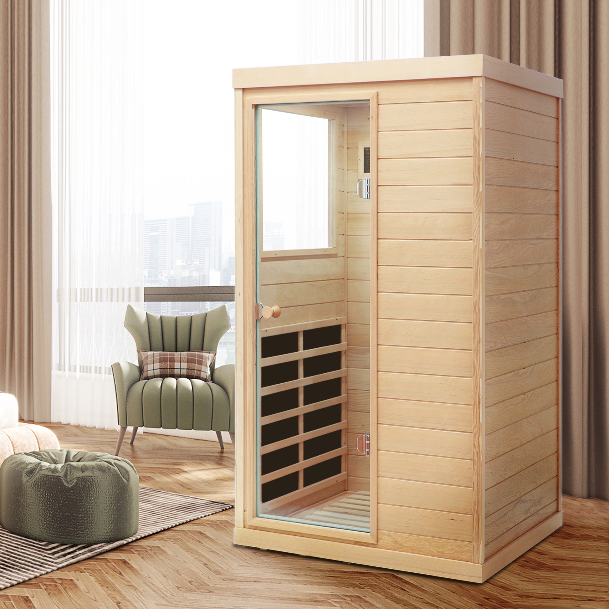 Natural Hemlock Wood | Mini One Person | Left Door Far Infrared Sauna - Fluent Trends