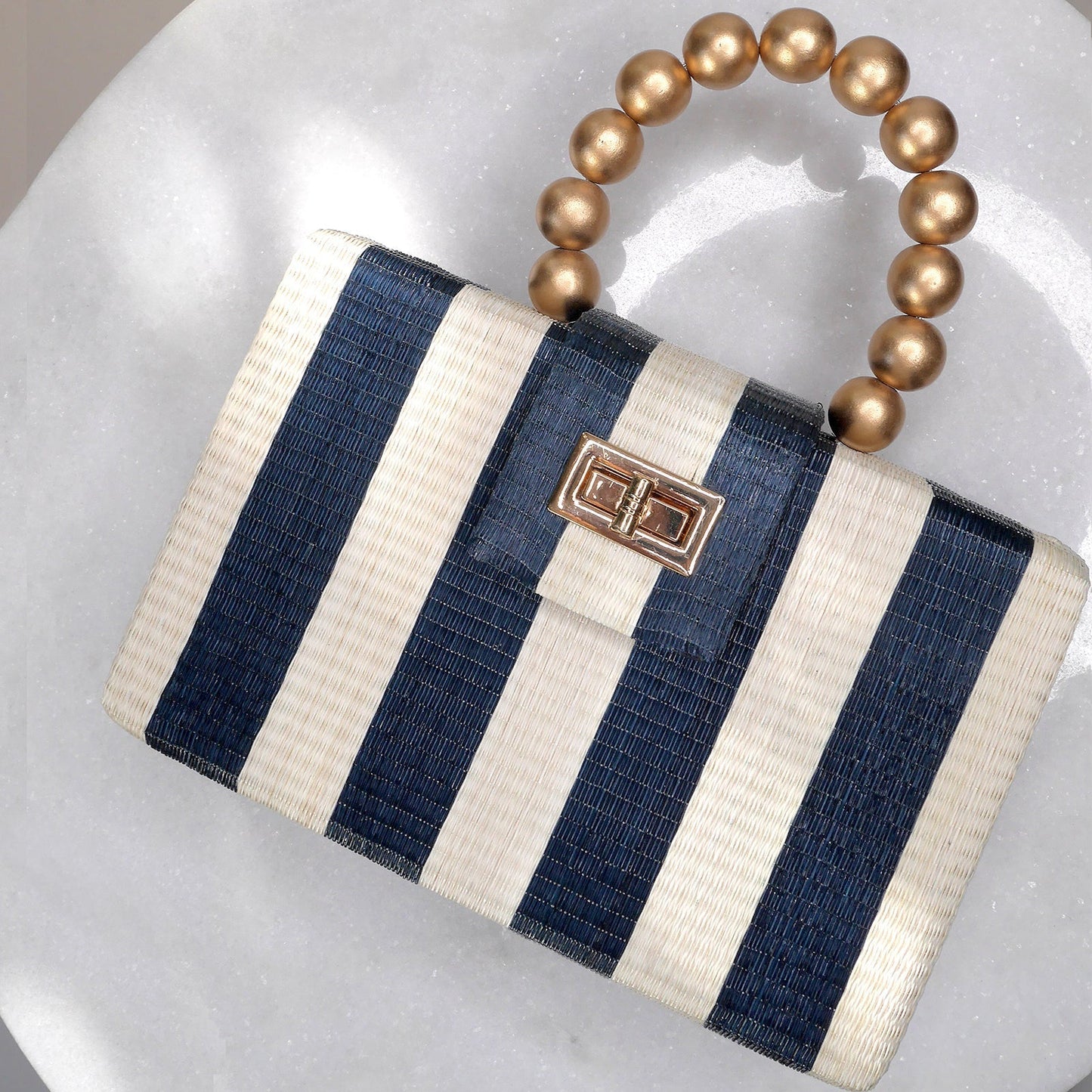 The Louisa Blue & Cream Stripe Woven Straw Clutch Bag - Fluent Trends