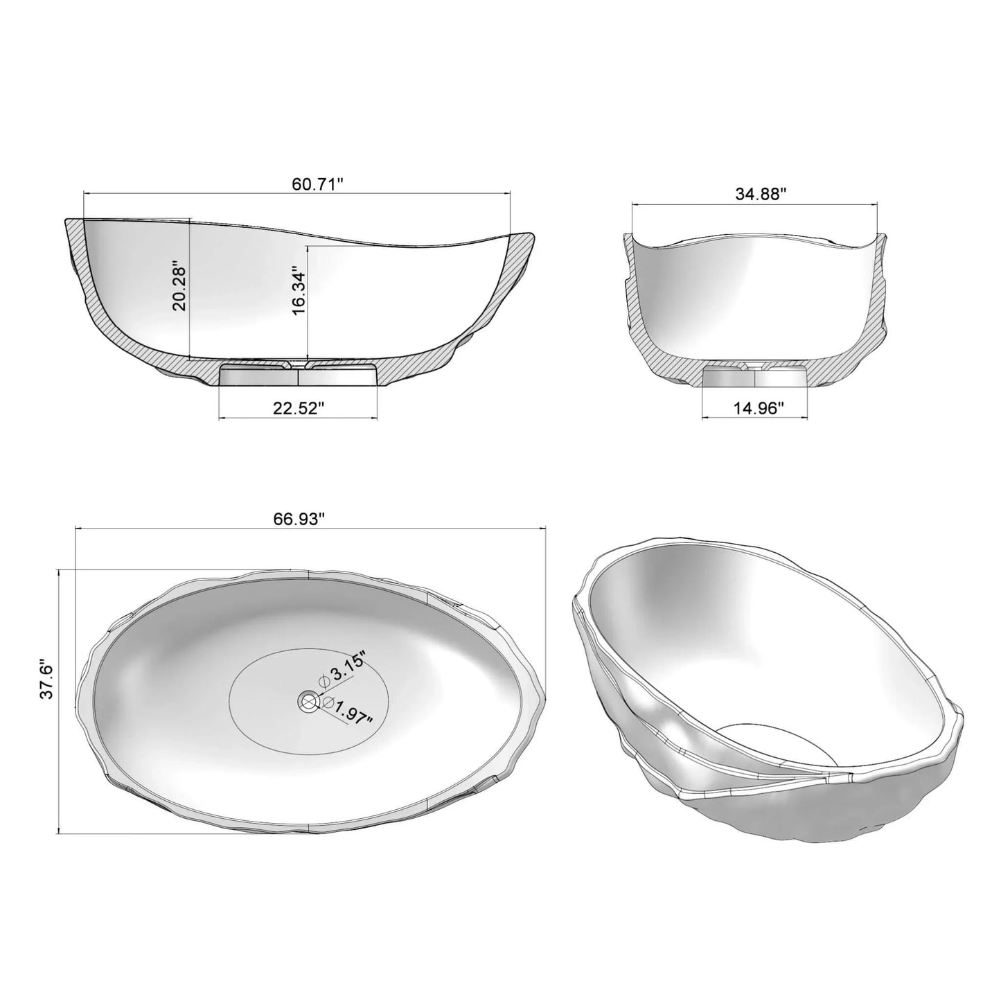 Extra Large 67" Modern Freestanding Oval Resin Soaking Bathtub (SAK14326) - Fluent Trends
