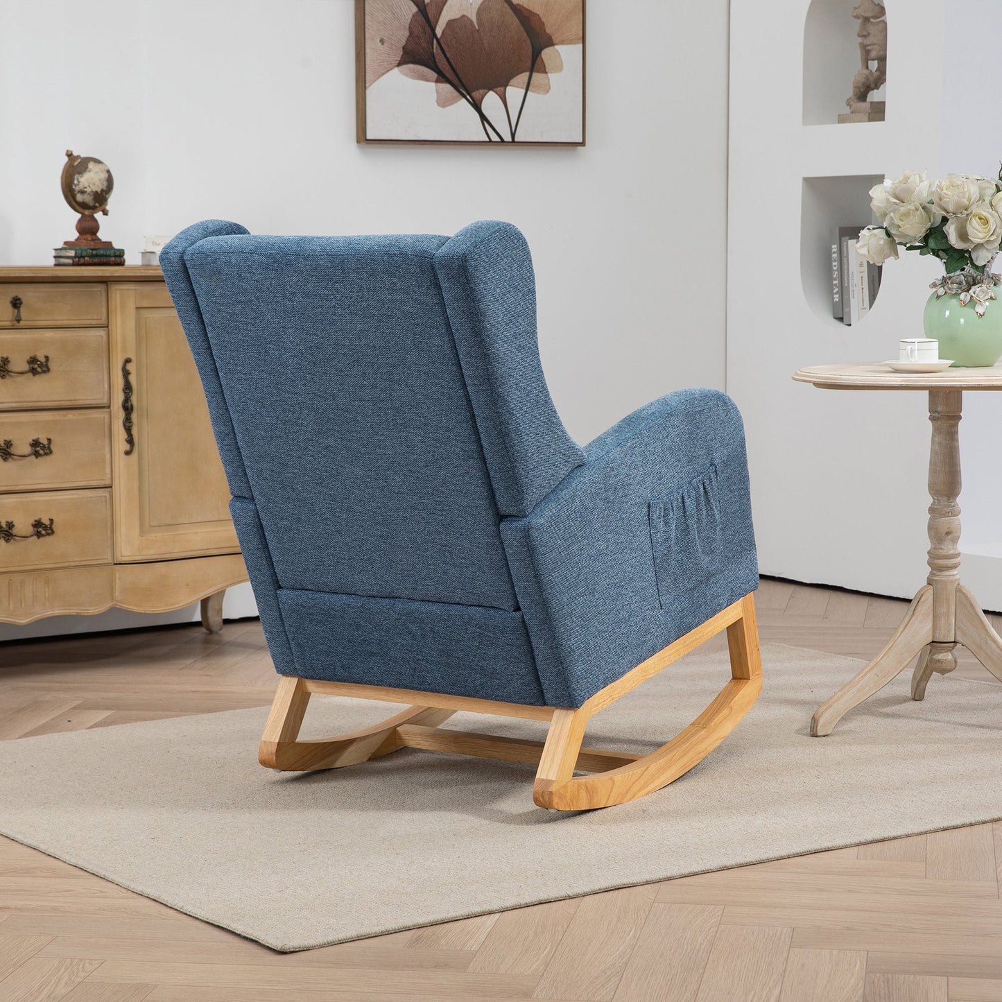 25.4'W Modern Rocking Chair for Nursery, Mid Century Accent Arm Rocker With Retractable Footrest, Side Pocket, Comfy Upholstered Wingback Wooden Glider Chair for Living Room Baby Kids Room. Blue