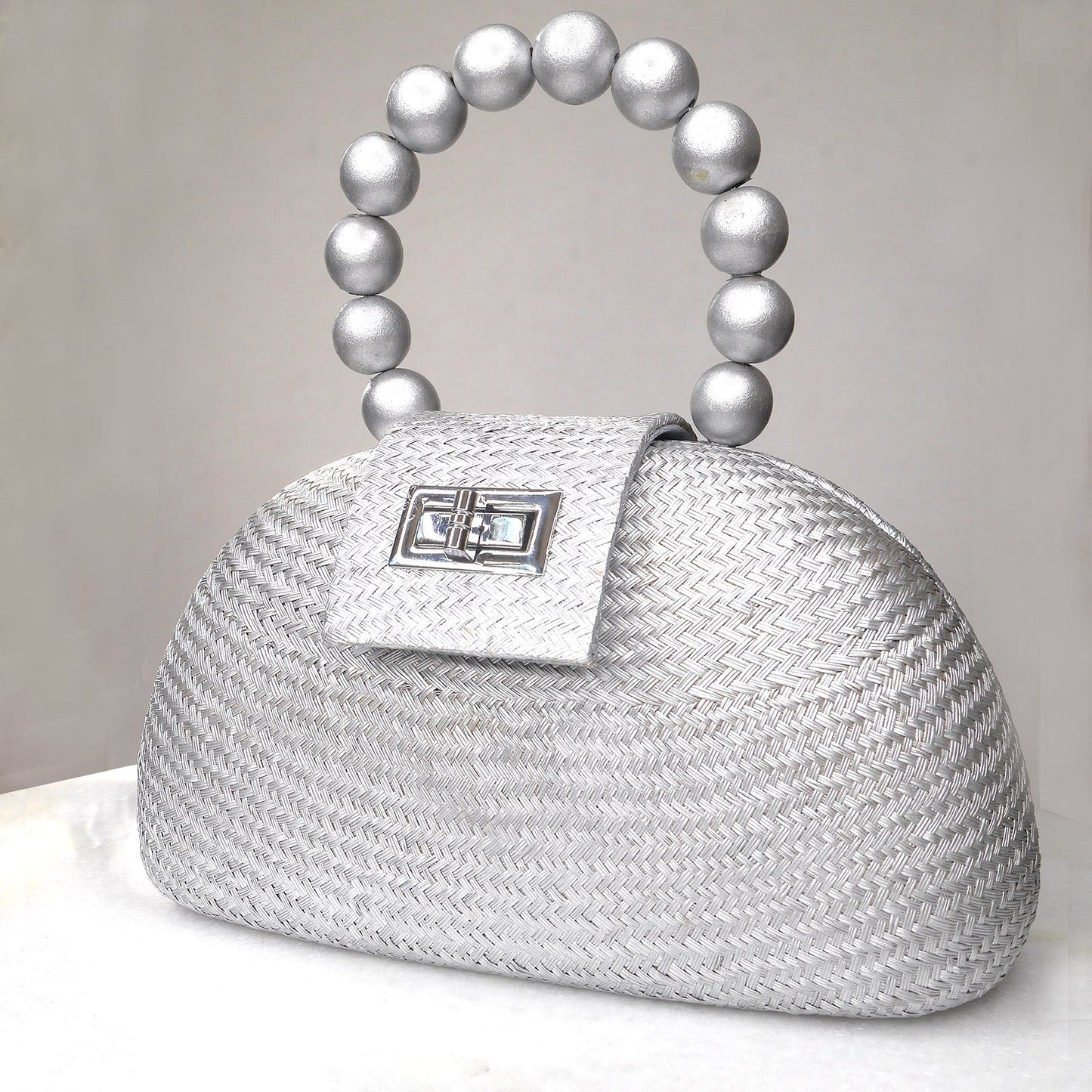 The Orla Silver Woven Straw & Wooden Bead Statement Clutch Bag - Fluent Trends