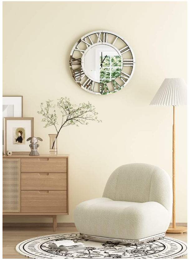 24' Large Wall Clock Decorative, Mirrored Wall Clock for Living Room Decor, Big Silver Modern Wall Clocks Decor, Hour and Minute Hand, Battery Operated