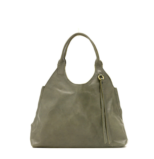 Lady Bird Tote Climbing Ivy natural leather front view white background short top handles brass o-ring tassel detail retro silhouette