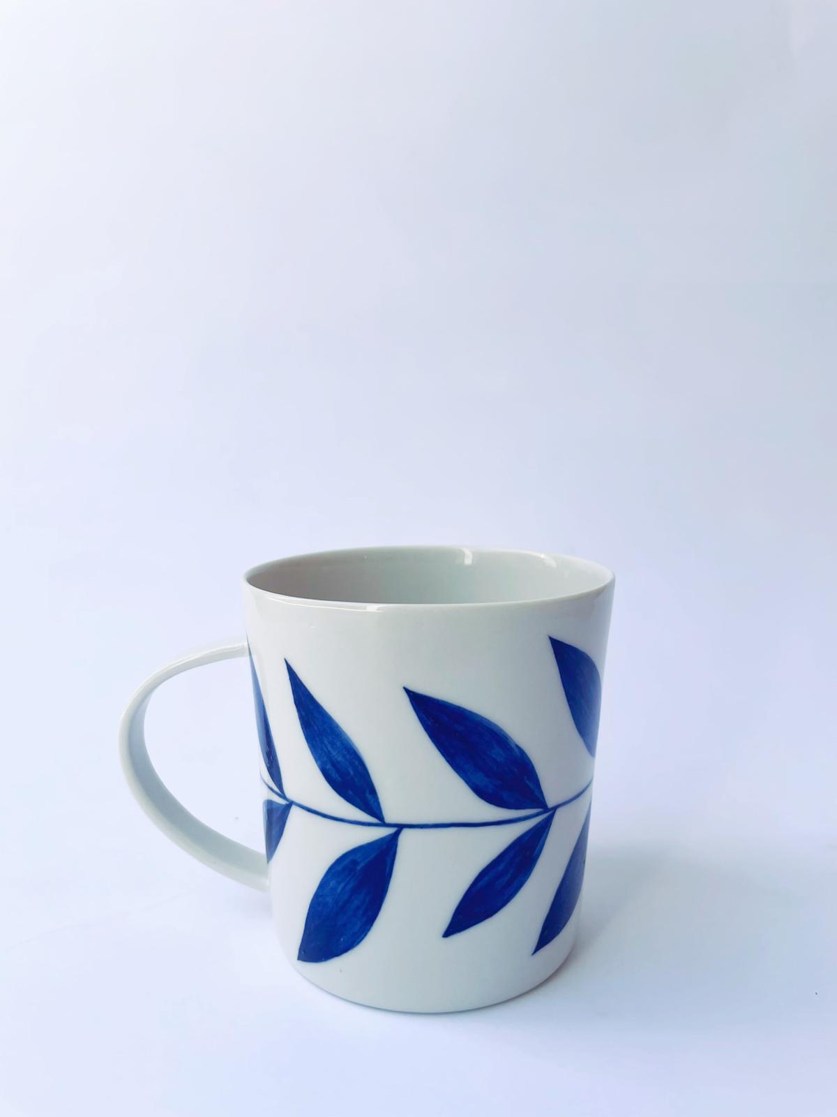 Lhasa porcelain mug blue botanical leaf glaze close detail handcrafted small-batch Turkey