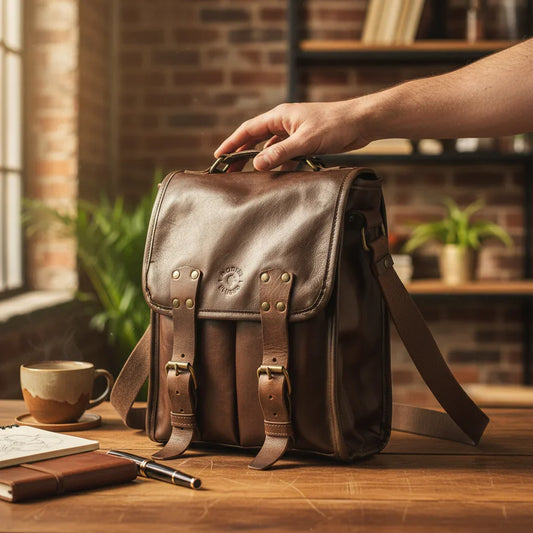 Timeless Brown Bovine Leather Satchel Bag on desk with creative executive's hand, coffee, notebook, pen, & office backdrop.