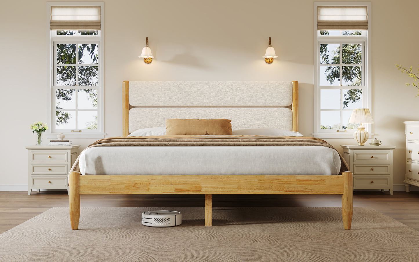 A front-facing lifestyle view of a Queen Platform Bed featuring an Ivory Fleece Furniture upholstered headboard and a Durable Rubberwood Frame styled in a bright, modern bedroom.