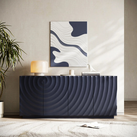 Front-facing view of the Navy Blue Buffet Cabinet highlighting the matte finish and the seamless 3D ripple pattern on the soft-close storage doors.