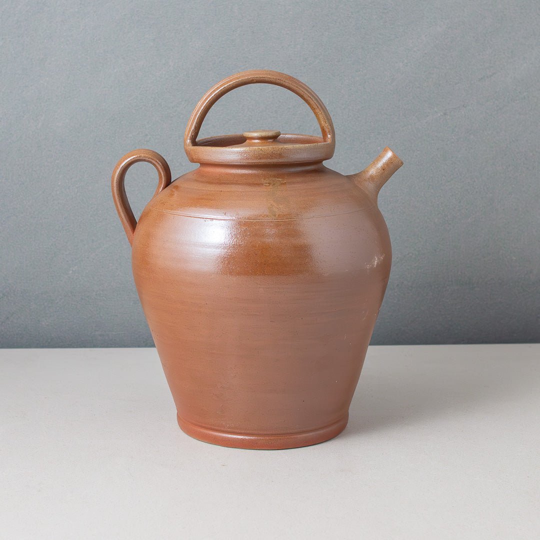 Vintage Poterie Renault Bonny sur Loire French pottery pitcher with brown salt glaze, handle, lid, and spout