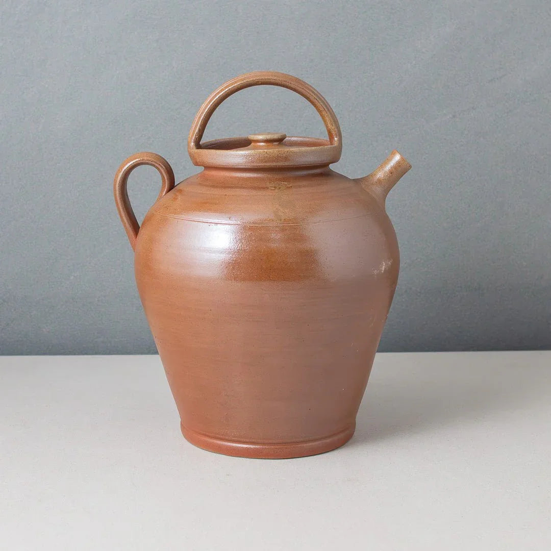 Vintage Poterie Renault Bonny sur Loire French pottery pitcher with brown salt glaze, handle, lid, and spout