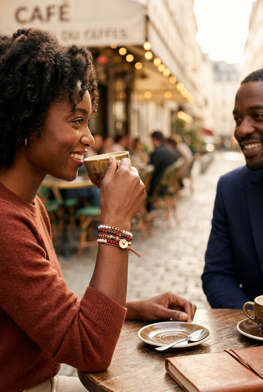 Woman wearing a multicolored Majorca pearl wrap bracelet with tan leather and a mother of pearl button while holding a cup at an outdoor café.