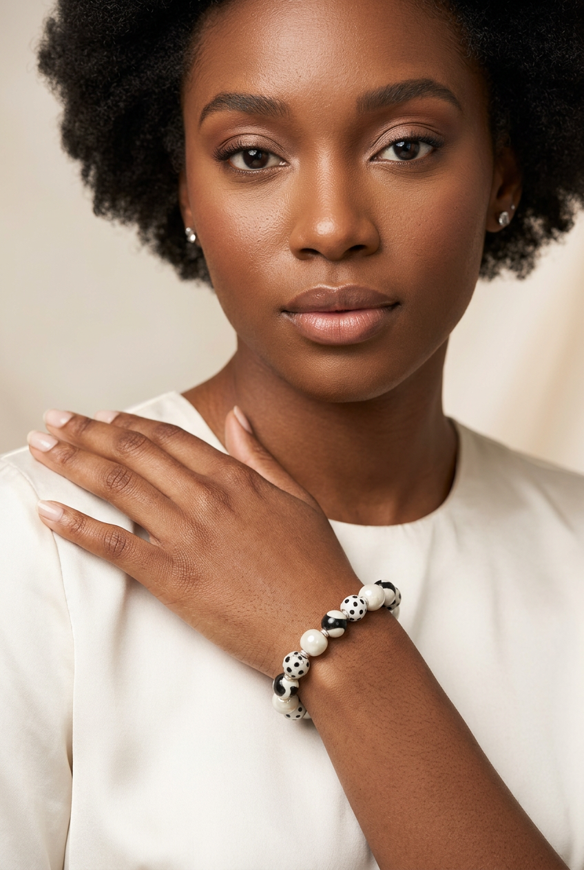 Model wearing a Sefone artisan bracelet with cream and patterned black-and-white clay beads, with her hand resting on the shoulder of a white top.