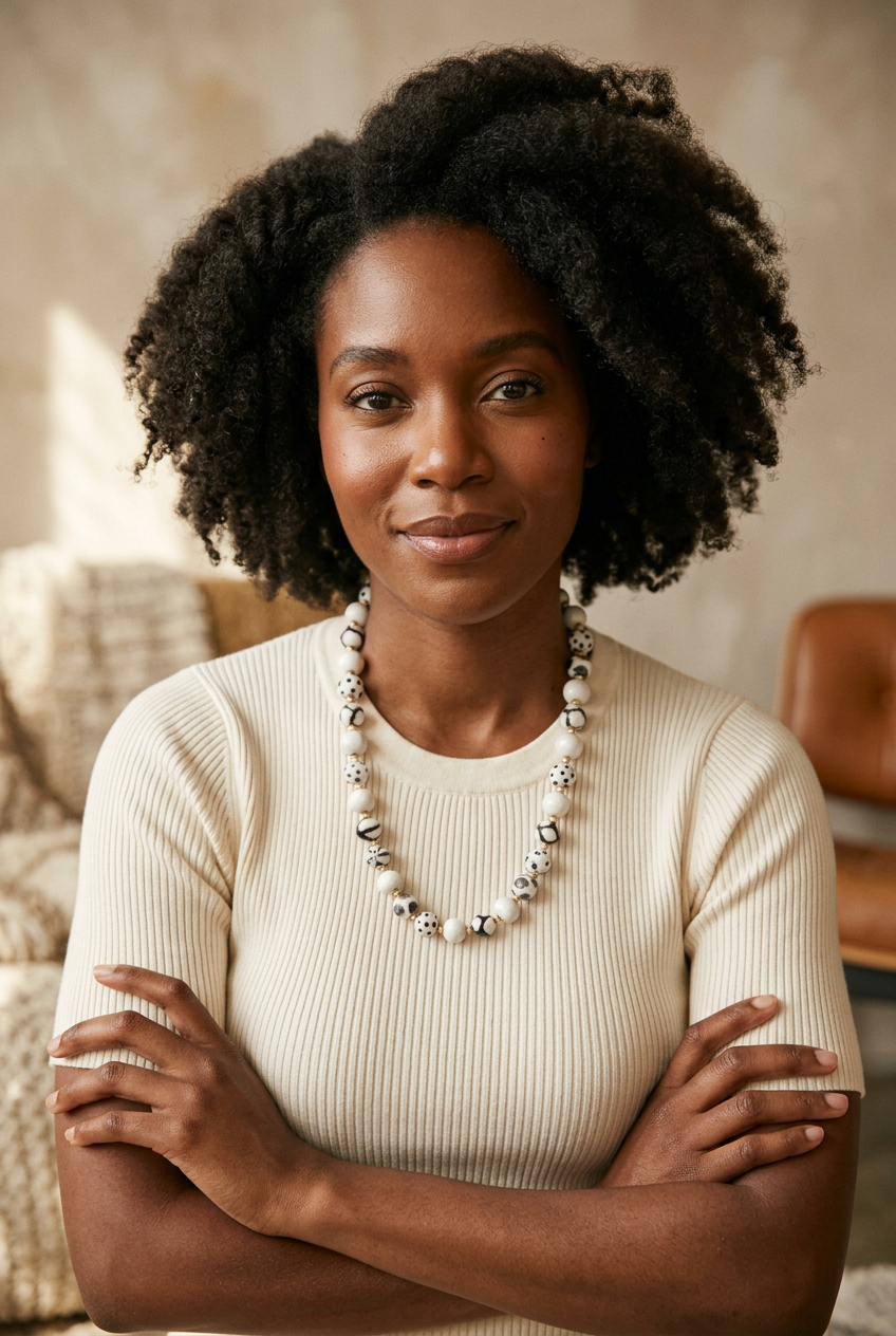 Model wearing a Sefone artisan necklace with cream and patterned black-and-white beads over a cream ribbed short-sleeve top, seated with arms crossed.