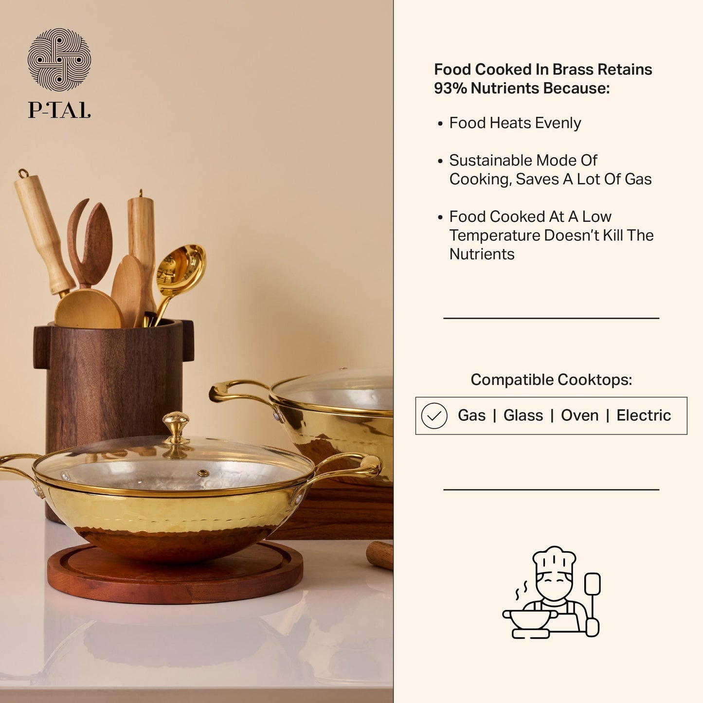 Brass Wok with Glass lid (Circular & Deep cooking/ serving Utensil) Powered by People