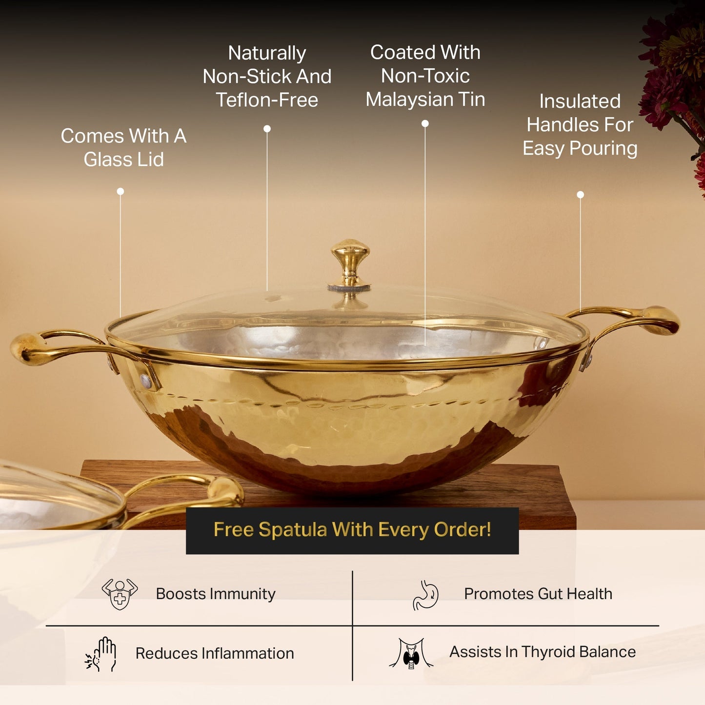 Brass Wok with Glass lid (Circular & Deep cooking/ serving Utensil) Powered by People