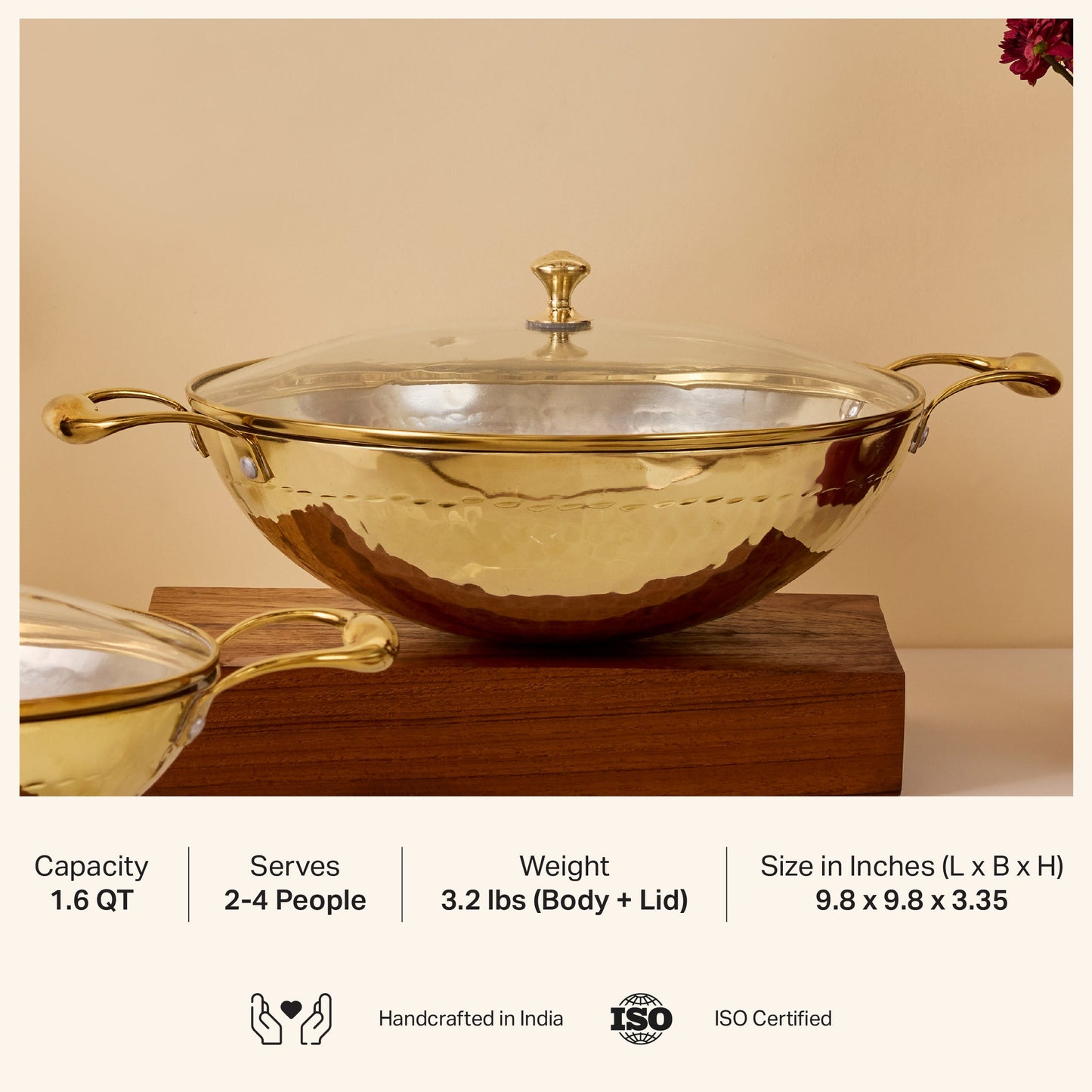 Brass Wok with Glass lid (Circular & Deep cooking/ serving Utensil) Powered by People