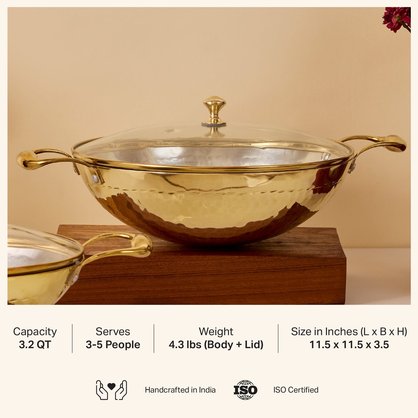 Brass Wok with Glass lid (Circular & Deep cooking/ serving Utensil) Powered by People