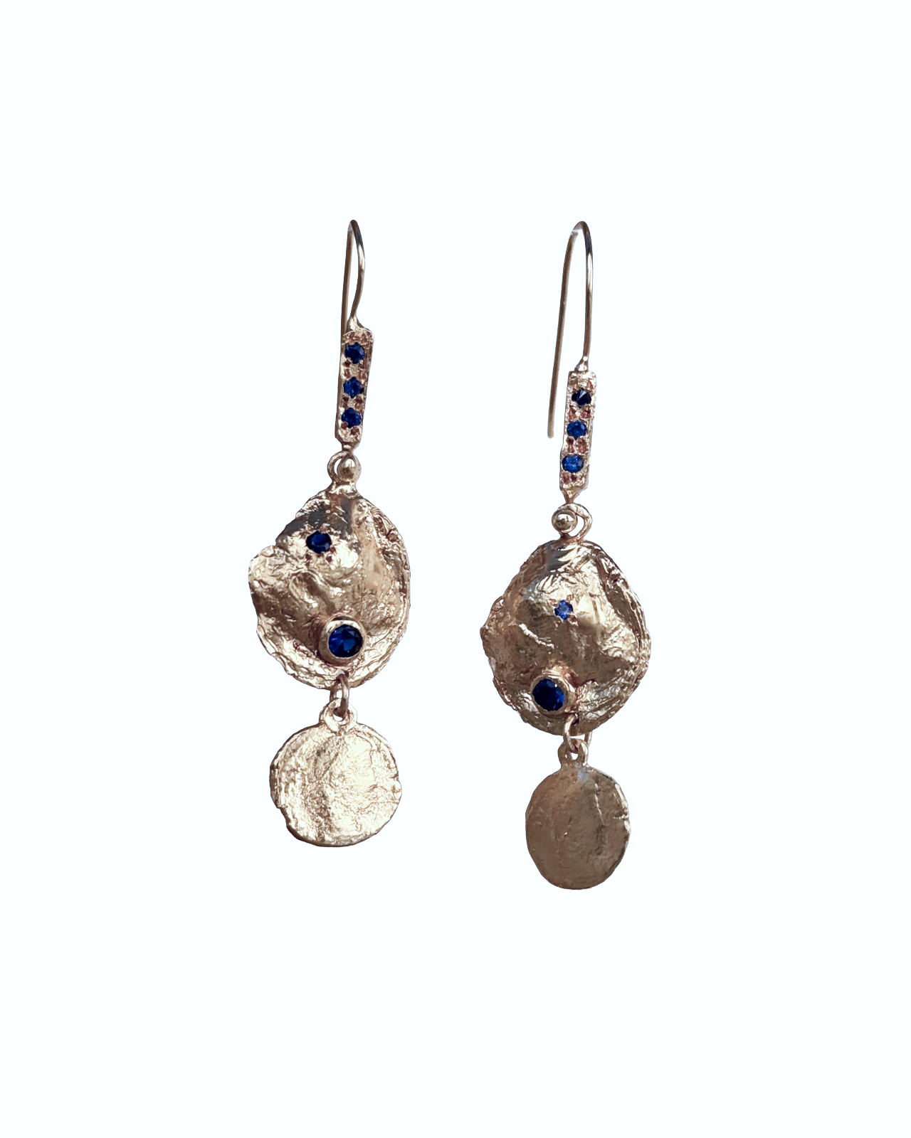 Sterling silver sapphire pavé hook coin drop earrings with hammered texture and blue stone detail