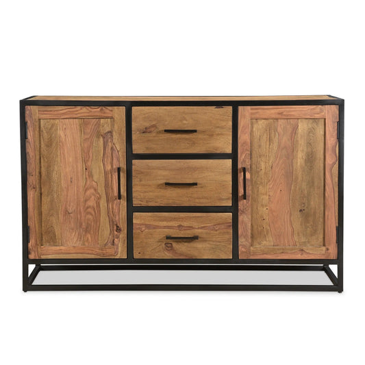 Front view of Raven sheesham wood side board with light brown wood, three central drawers, two cabinet doors, and a black iron frame.
