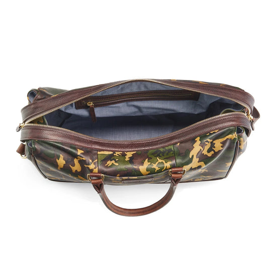 Wanderlust Leather Weekender Tan Camo top-down view showing sheepskin body leather trim zipper pulls and structured interior opening