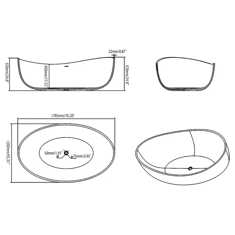 WBT Premium Freestanding Extra Large Oval Stone Besin Soaking Bathtub, 71" (SAK80751) - Fluent Trends