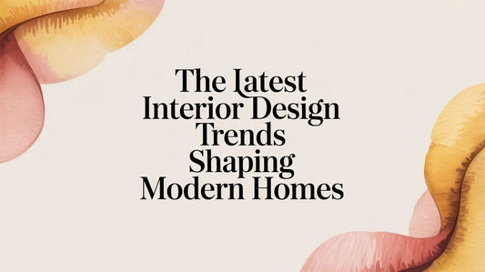 Modern interior design trends text on beige background with abstract watercolor shapes