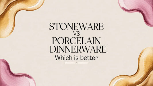 Stoneware vs porcelain dinnerware comparison text with abstract shapes on beige background