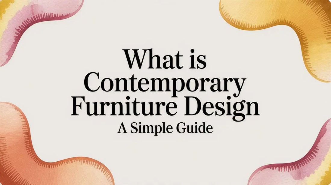 Contemporary furniture design guide text on neutral background with abstract colored shapes.