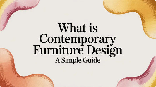 Contemporary furniture design guide text on neutral background with abstract colored shapes.