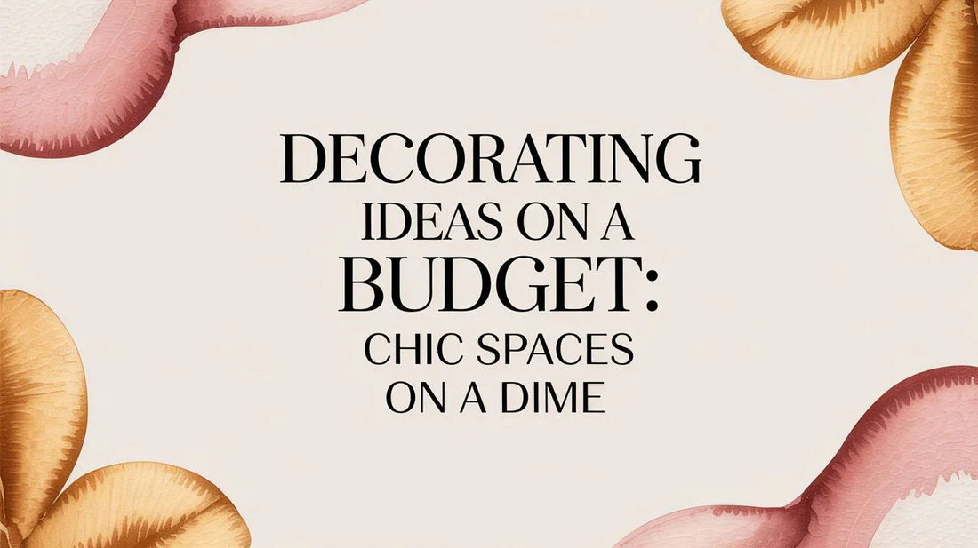 Decorating ideas on a budget text with chic floral accents on a beige background