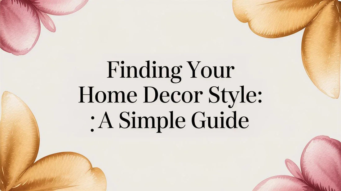 Home decor style guide text with gold and pink watercolor flowers on beige background