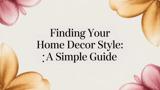 Home decor style guide text with gold and pink watercolor flowers on beige background