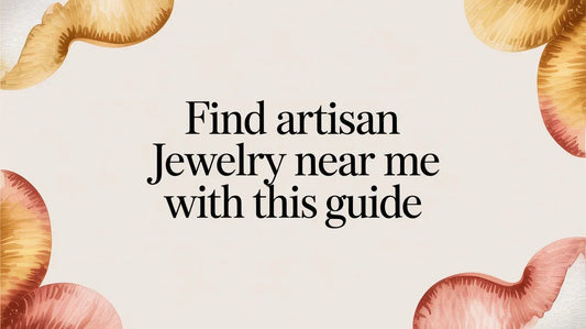 Find artisan jewelry near me guide text with watercolor abstract leaf shapes on cream background.