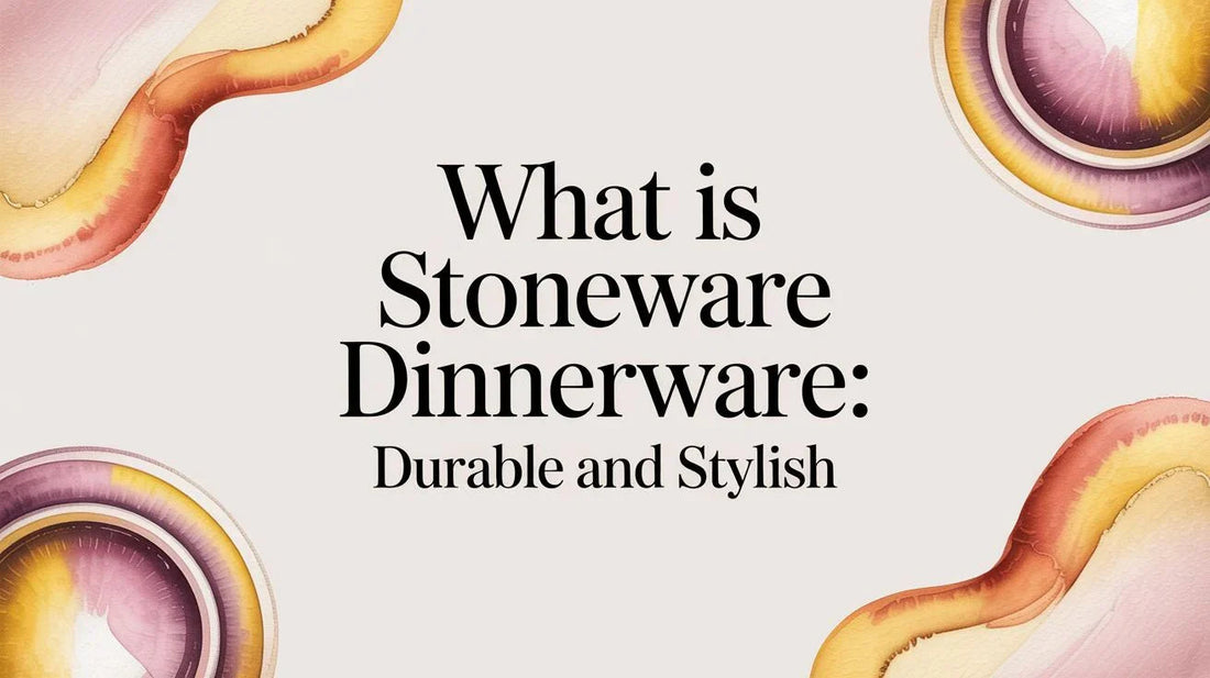 What is stoneware dinnerware text on beige background with abstract colorful watercolor shapes