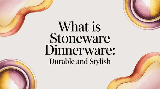 What is stoneware dinnerware text on beige background with abstract colorful watercolor shapes