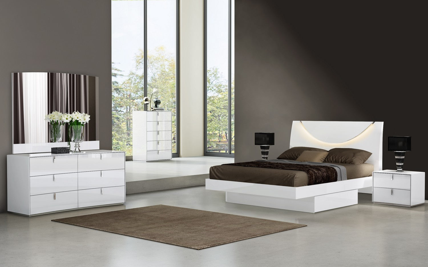 Modern white high-gloss bedroom furniture set with integrated headboard lighting and sleek contemporary dresser in a minimalist room.