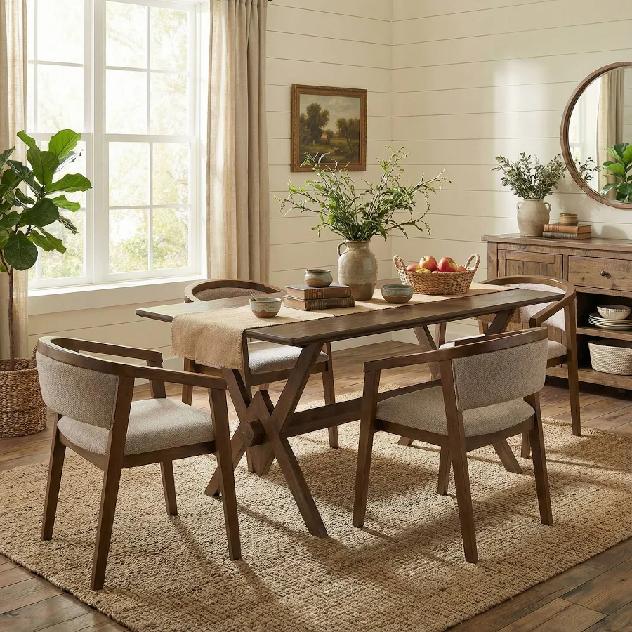 Mid-century modern wood dining table and chair sets by Christopher Knight Home featuring upholstered chairs.