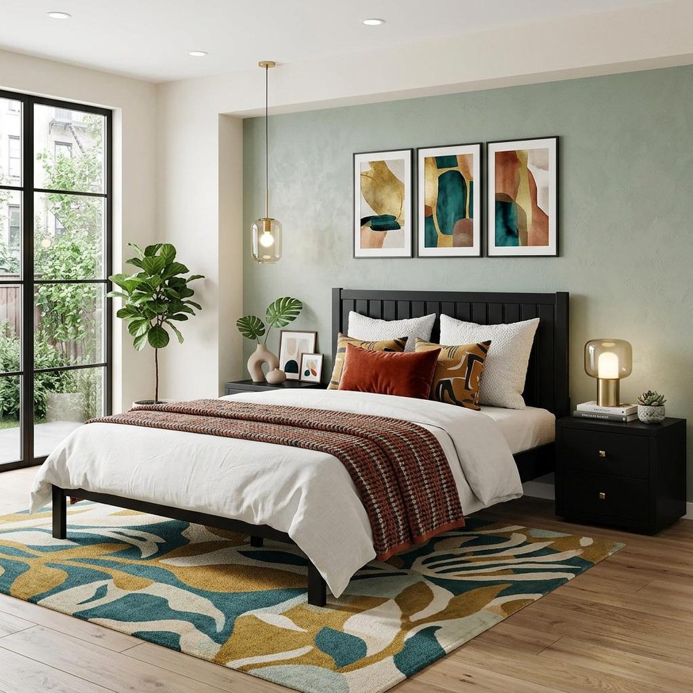 Luxury lifestyle bedroom featuring a black solid wood king bed set with a paneled headboard, matching nightstands, and modern minimalist decor in a sunlit master suite.