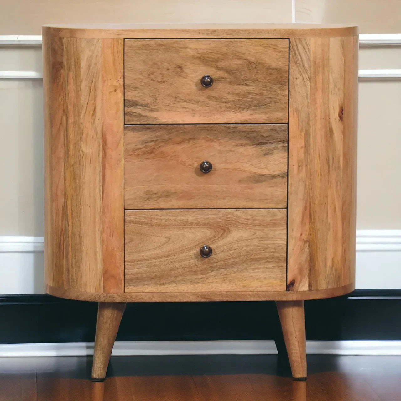 Handcrafted solid mango wood oval nightstand three drawers brass knobs tapered mid-century legs natural finish