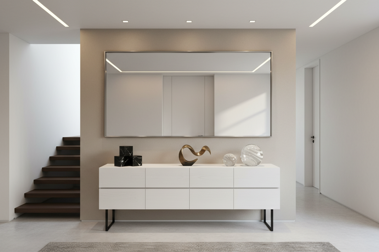 "Elegant wall mirror with a thin brass frame mounted above a modern console table in a bright living space."