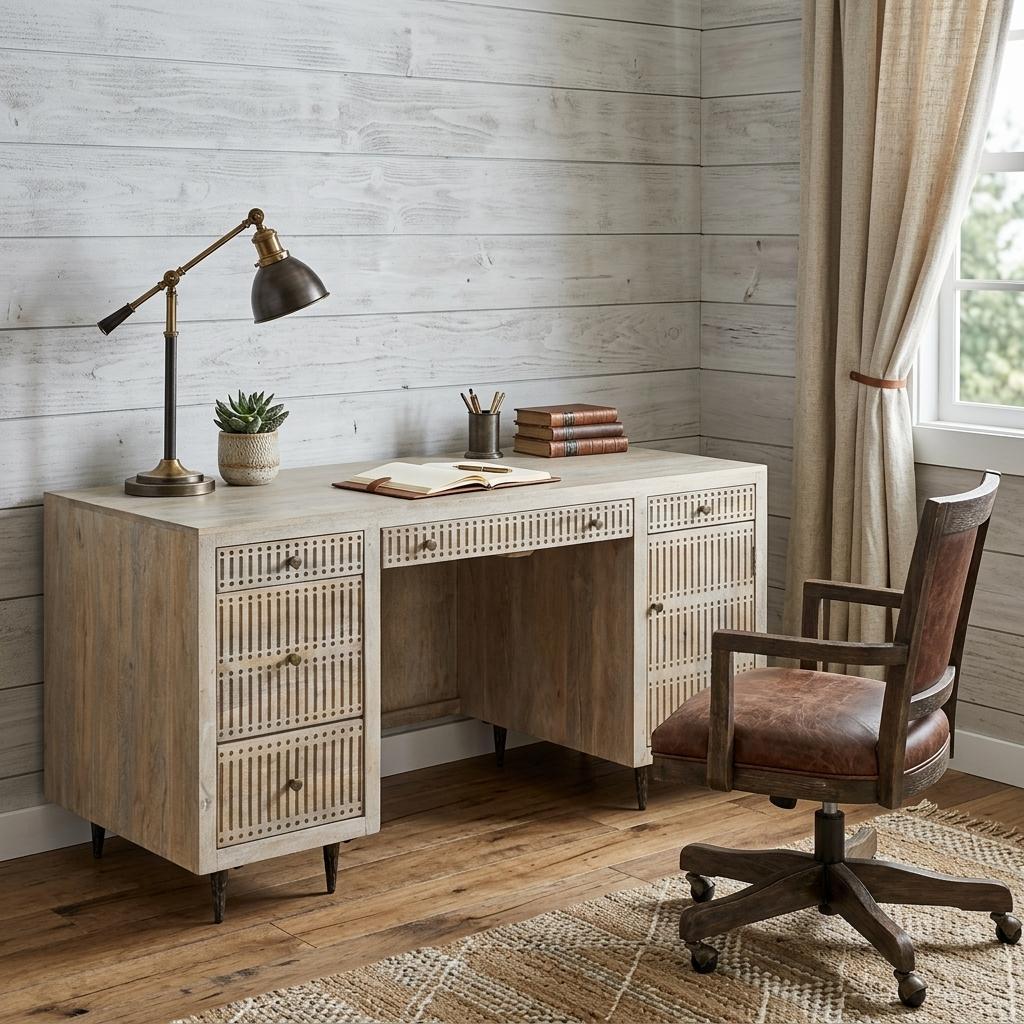 Modern executive office furniture featuring a minimalist wood desk with dark metal legs and clean lines for a professional home workspace.