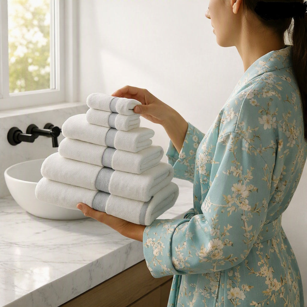 Woman in a floral robe holding a stacked white hotel quality bath towel set beside a marble vessel sink in a bright spa-inspired bathroom