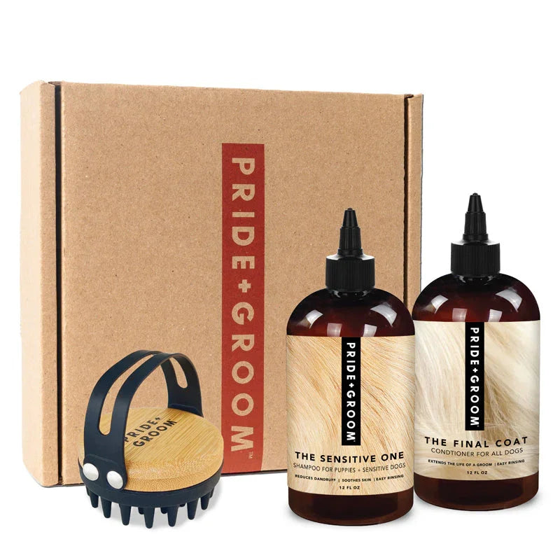 Pride + Groom dog grooming kit with shampoo, conditioner, brush, and branded box