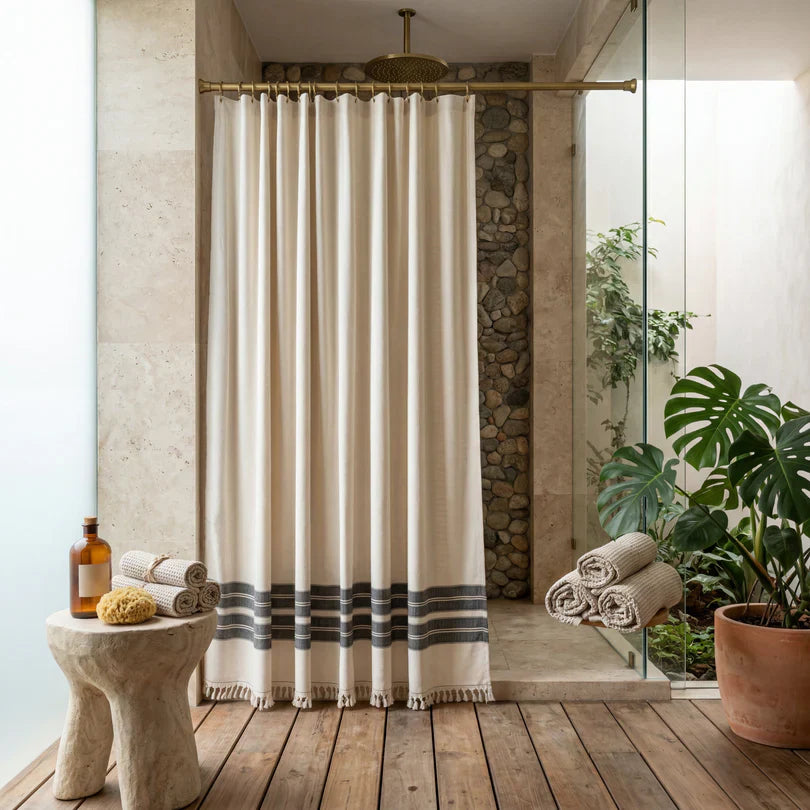 Linen shower curtain with tassel fringe and rolled waffle towels in a spa-inspired bathroom