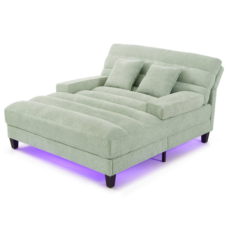 Green Chenille Chaise Lounge Sofa Bed with Adjustable Back & Smart RGB LED Lights - Fluent Trends