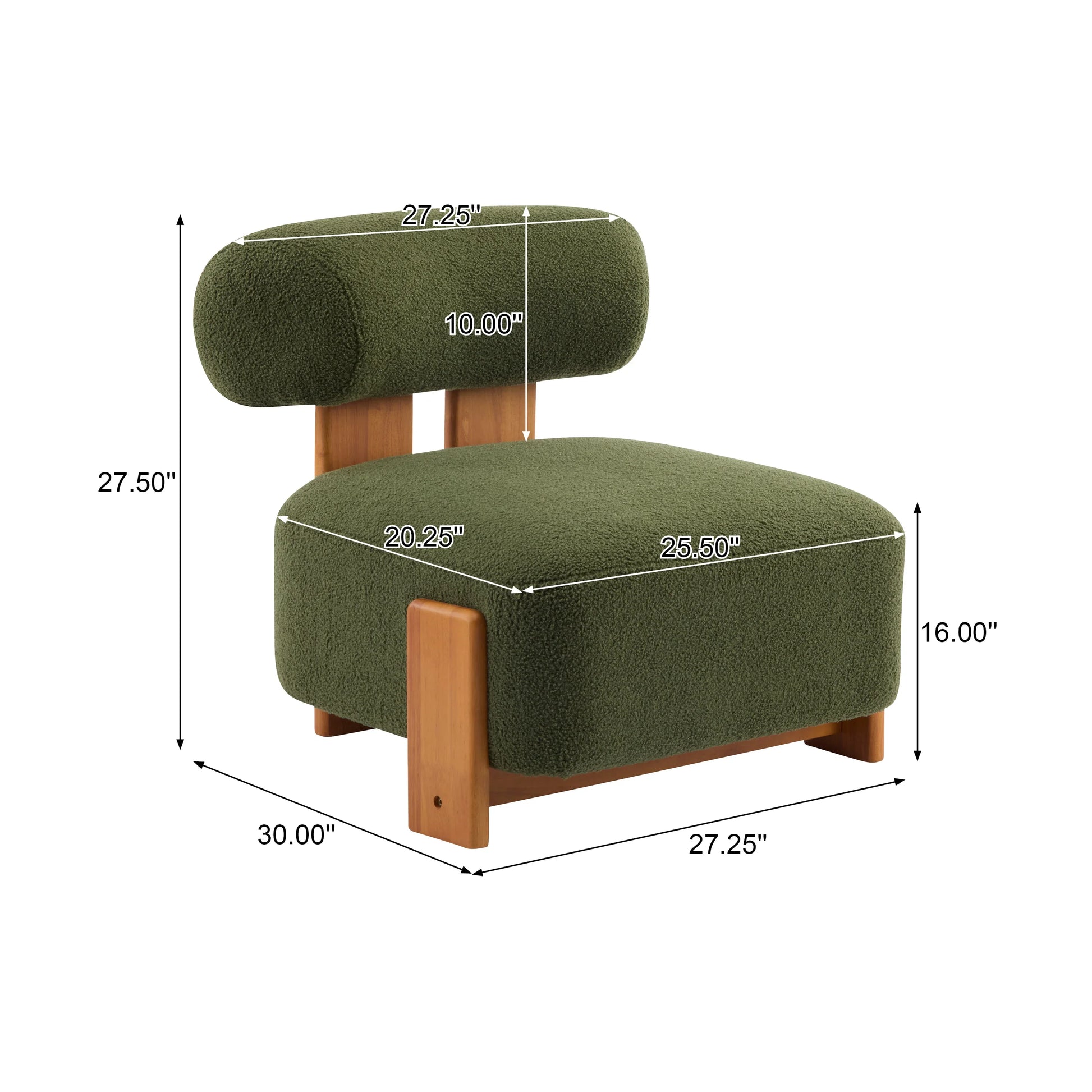 Modern olive green upholstered lounge chair with wooden legs and backrest, detailed measurements