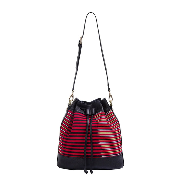 Black Leather & Striped Fabric Pattern Convertible Bag - Fluent Trends