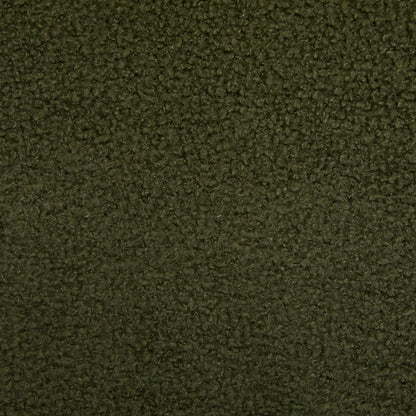 Close-up of dark green boucle fabric texture with soft, looped fibers for upholstery and fashion
