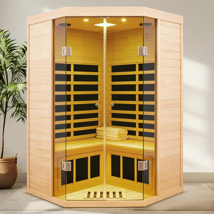 Deluxe Hemlock Far Infrared Corner Sauna Room with Glass Front for Two Persons - Fluent Trends